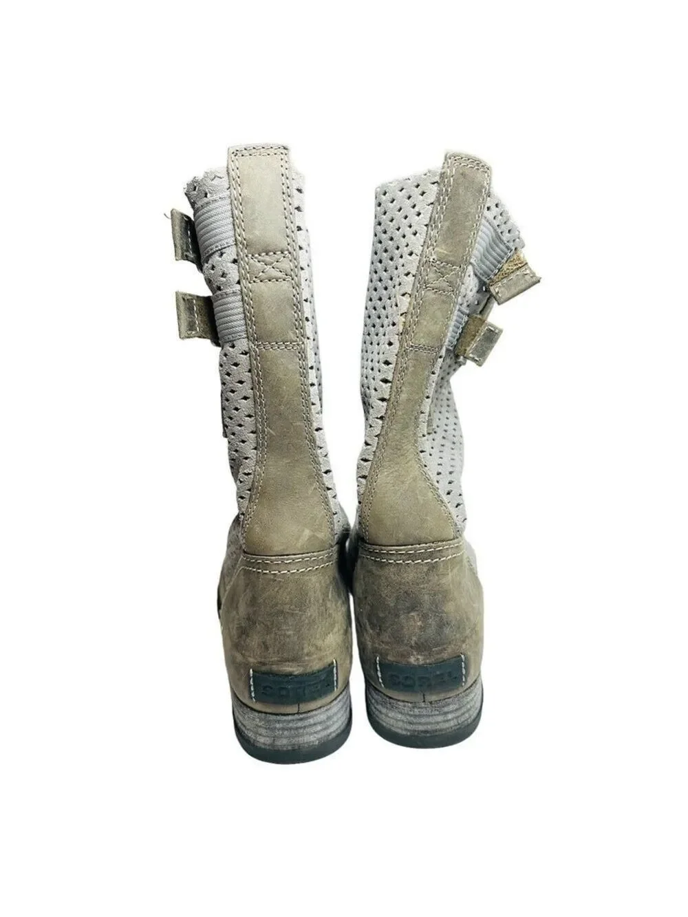 Sorel Major Pull On Perforated Laser Cut Leather Boots Beige &‎ Gray Women’s 8.5